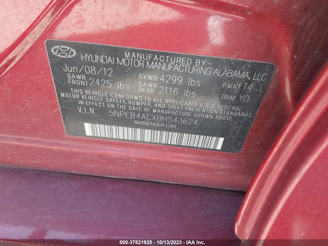 Продажа на аукционе авто 2013 Hyundai Sonata Gls, vin: 5NPEB4ACXDH543624, номер лота: 37821935