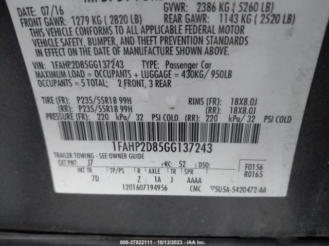 1FAHP2D85GG137243 Ford TAURUS SE