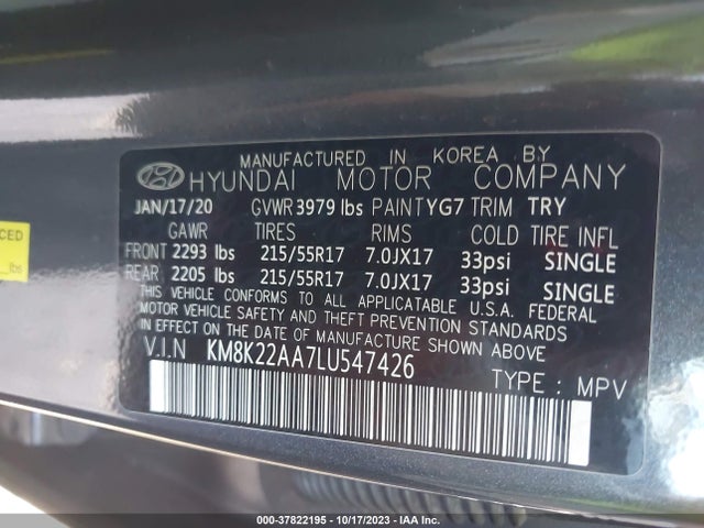 2020 HYUNDAI KONA SEL VIN: KM8K22AA7LU547426