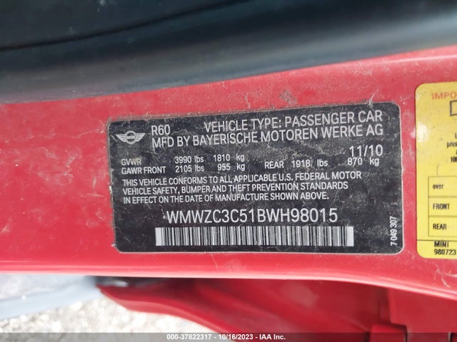 2011 MINI COOPER S COUNTRYMAN WMWZC3C51BWH98015 Photo 8