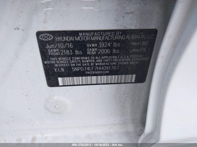 2017 HYUNDAI ELANTRA SE VIN: 5NPD74LF7HH091707