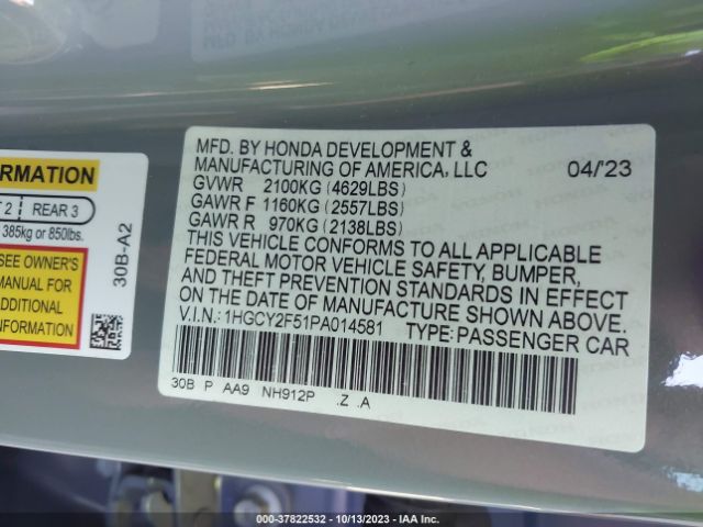 1HGCY2F51PA014581 Honda Accord Hybrid Sport