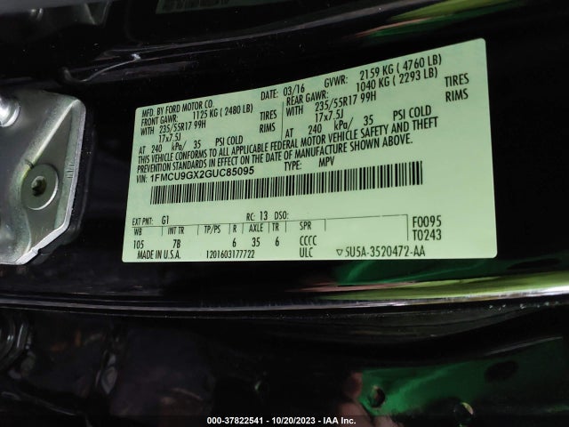Ford ESCAPE SE 2016 1FMCU9GX2GUC85095 Image 9