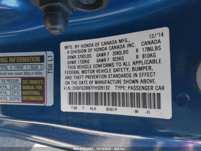 Honda Civic Coupe Ex 2015 2HGFG3B87FH509132 Image 9