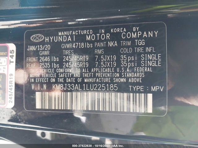 2020 HYUNDAI TUCSON SPORT VIN: KM8J33AL1LU225185