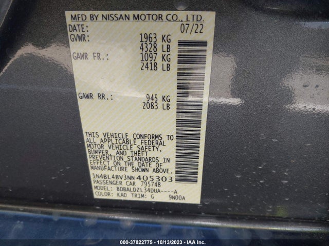 2022 NISSAN ALTIMA S FWD VIN: 1N4BL4BV3NN405303