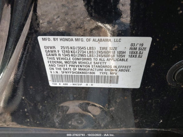 Honda Pilot Ex 2019 5FNYF5H38KB031806 Image 9
