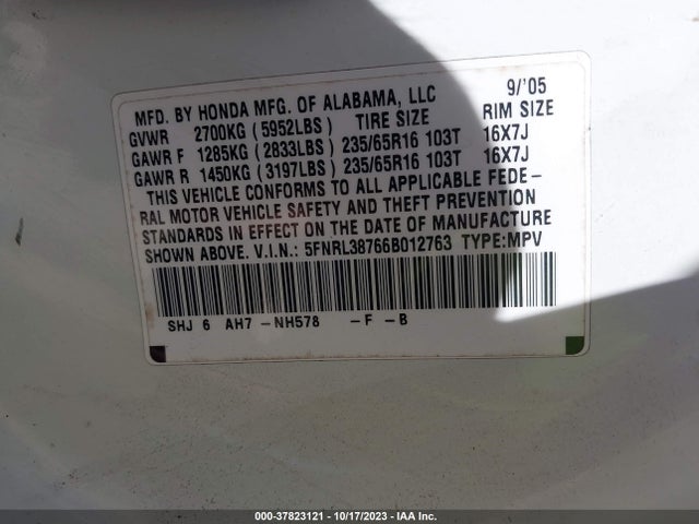2006 HONDA ODYSSEY EX-L VIN: 5FNRL38766B012763