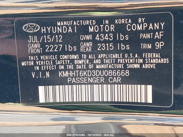 2013 Hyundai Genesis Coupe 2.0t მანქანა იყიდება აუქციონზე, vin: KMHHT6KD3DU086668, აუქციონის ნომერი: 37823269