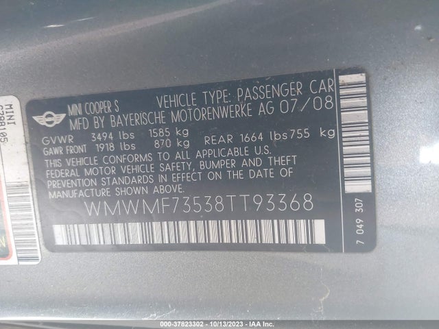 2008 MINI COOPER HARDTOP WMWMF73538TT93368 Photo 8
