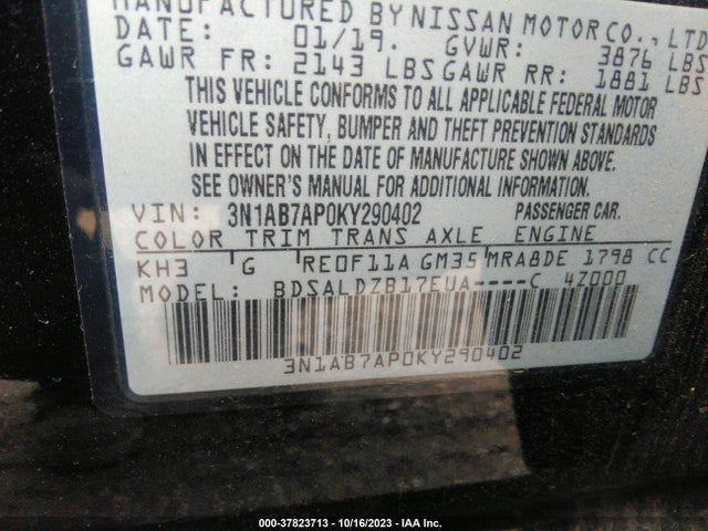 2019 NISSAN SENTRA SV VIN: 3N1AB7AP0KY290402