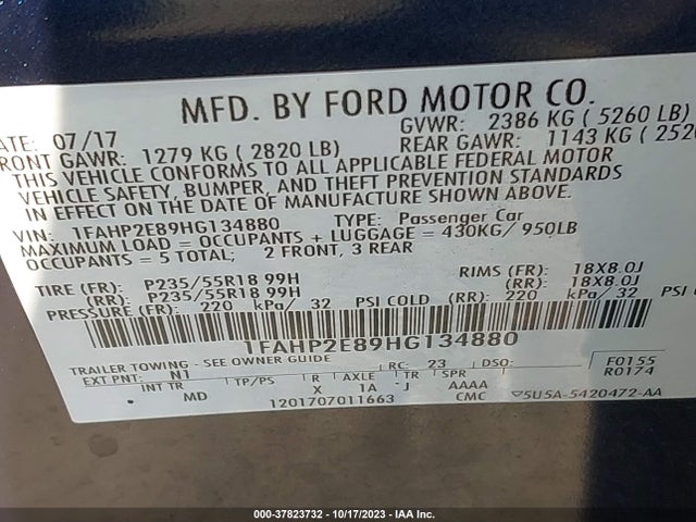 Ford TAURUS SEL 2017 1FAHP2E89HG134880 Image 9