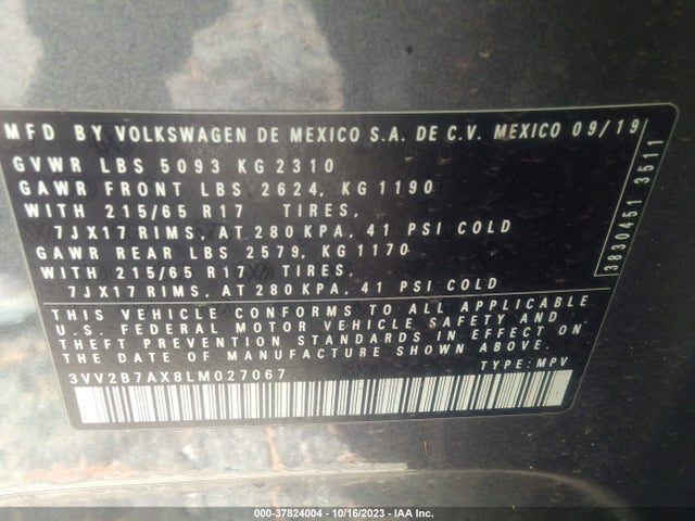 2020 VOLKSWAGEN TIGUAN 2.0T SE R-LINE BLACK/2.0T SEL/2.0T SE VIN: 3VV2B7AX8LM027067