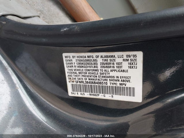 2006 HONDA ODYSSEY EX VIN: 5FNRL38406B406510