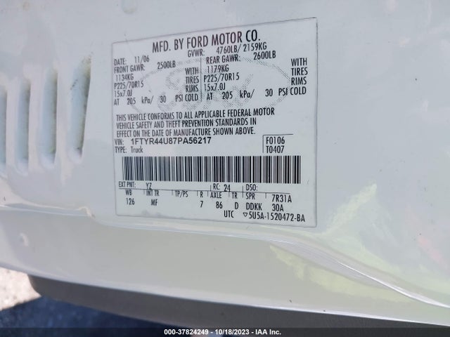 2007 FORD RANGER STX/XLT/SPORT VIN: 1FTYR44U87PA56217