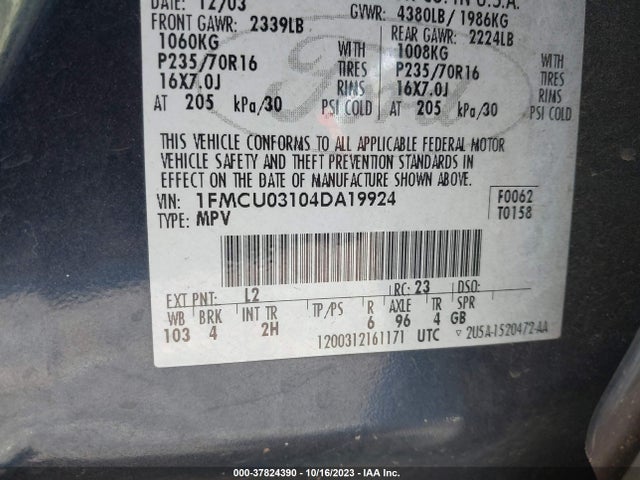 2004 FORD ESCAPE XLT VIN: 1FMCU03104DA19924