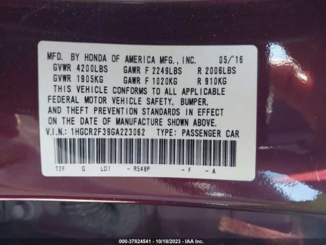 1HGCR2F39GA223062 Honda Accord Sedan Lx