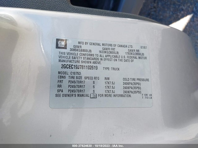 2008 CHEVROLET SILVERADO 1500 LT W/1LT VIN: 2GCEC19J781102619