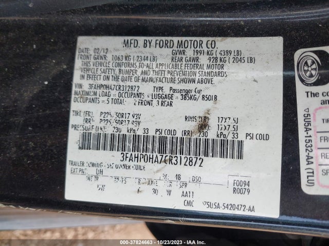 2012 FORD FUSION SE VIN: 3FAHP0HA7CR312872