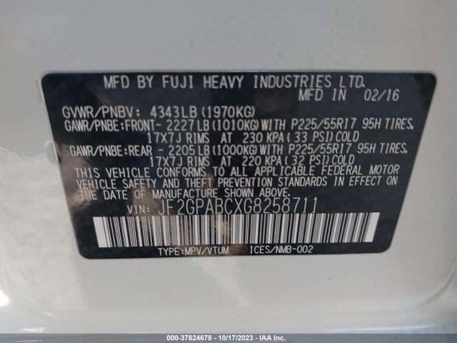 2016 SUBARU CROSSTREK PREMIUM VIN: JF2GPABCXG8258711