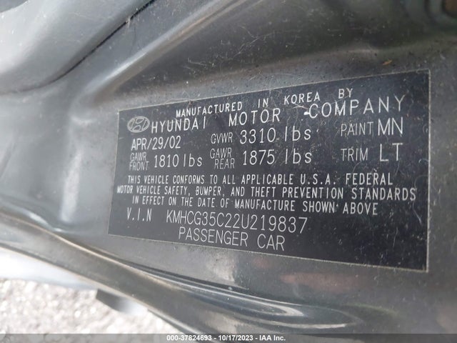 2002 HYUNDAI ACCENT GS VIN: KMHCG35C22U219837