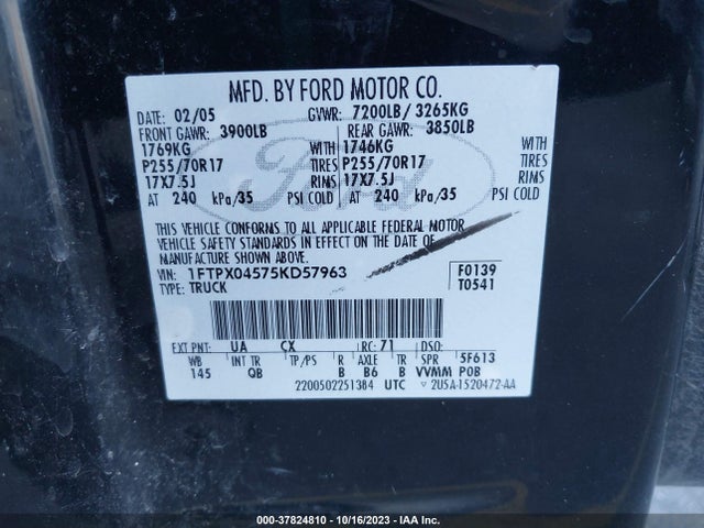 2005 FORD F-150 XLT/FX4 VIN: 1FTPX04575KD57963