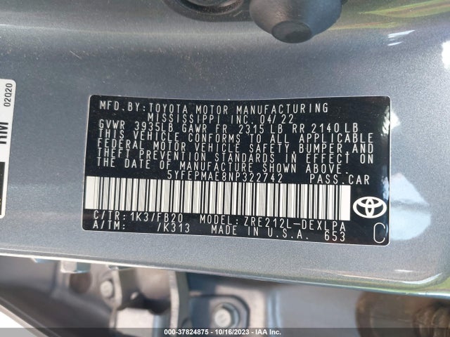 Toyota COROLLA LE 2022 5YFEPMAE8NP322742 Image 9