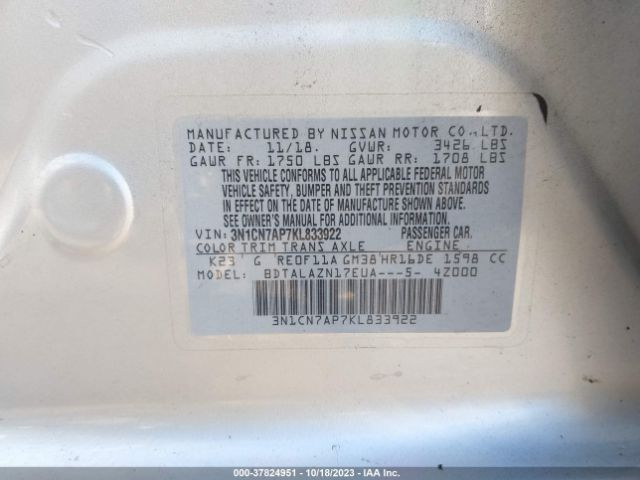 3N1CN7AP7KL833922 Nissan Versa Sedan S Plus