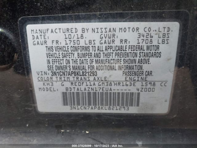 3N1CN7AP8KL821293 Nissan Versa Sedan S Plus