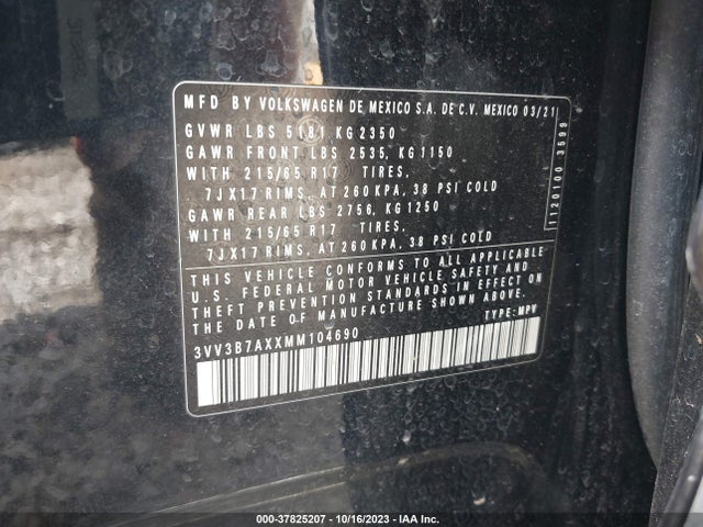 3VV3B7AXXMM104690 Volkswagen Tiguan Se/se R-line Black/sel