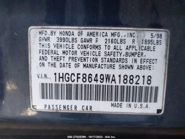 1998 HONDA ACCORD SDN DX VIN: 1HGCF8649WA188218