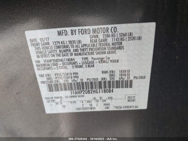 1FAHP2D82HG118084 Ford TAURUS SE