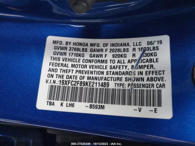 19XFC2F89KE211489 Honda Civic Sedan Sport