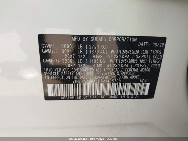2021 SUBARU ASCENT LIMITED VIN: 4S4WMALD7M3405730