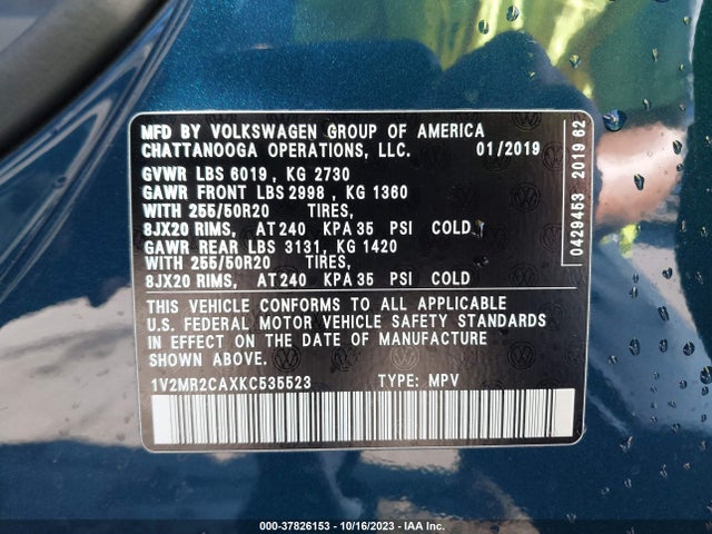 1V2MR2CAXKC535523 Volkswagen Atlas 3.6l V6 Sel