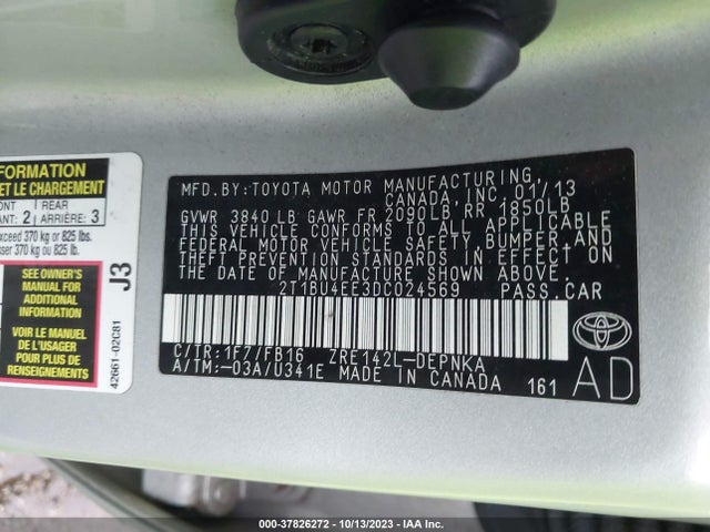 2013 TOYOTA COROLLA L/LE/S VIN: 2T1BU4EE3DC024569
