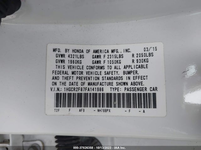 37826358 :رقم المزاد ، 1HGCR2F87FA141986 vin ، 2015 Honda Accord Ex-l مزاد بيع