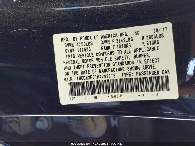 Honda ACCORD LX 2017 1HGCR2F31HA299778 Image 9