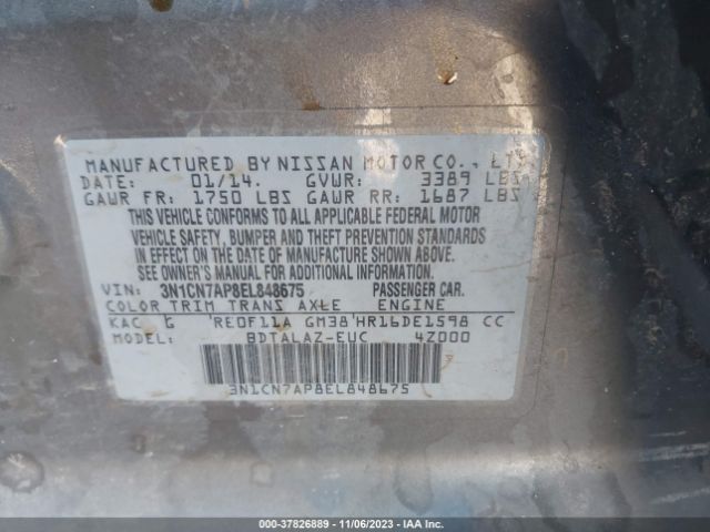 3N1CN7AP8EL848675 Nissan Versa S Plus