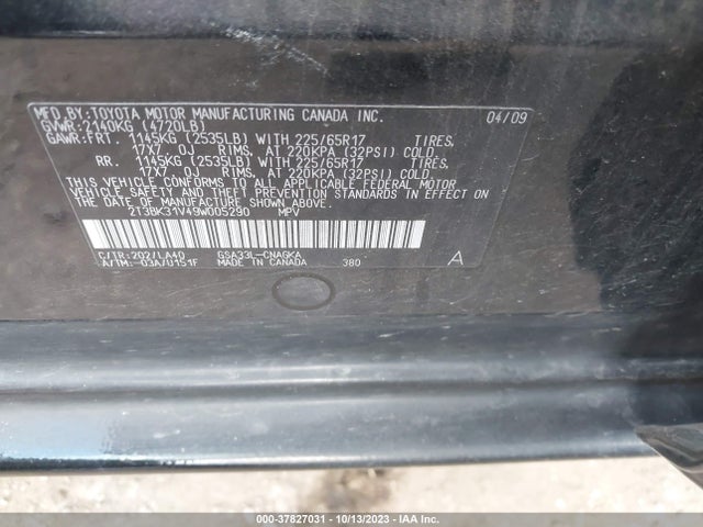 2009 TOYOTA RAV4 LTD VIN: 2T3BK31V49W005290