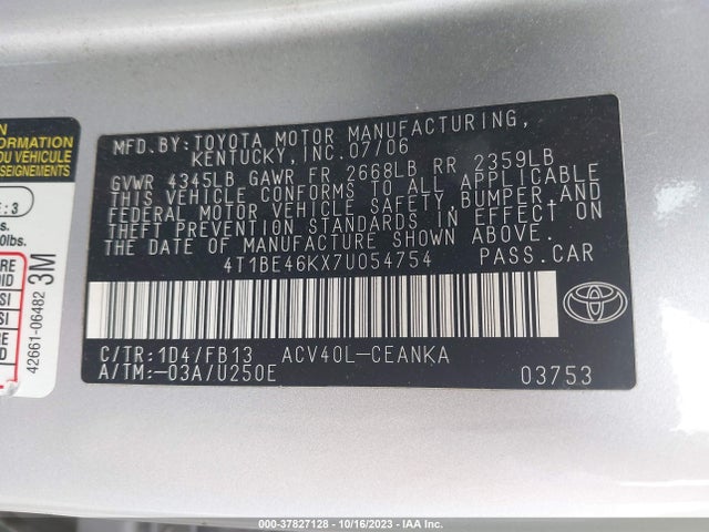 2007 TOYOTA CAMRY CE/LE/SE/XLE VIN: 4T1BE46KX7U054754