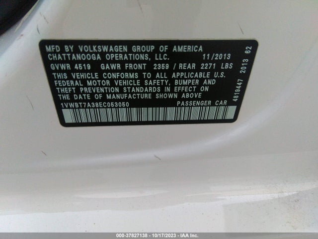 1VWBT7A38EC053050 Volkswagen Passat Se W/sunroof