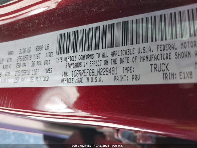 2020 RAM 1500 BIG HORN VIN: 1C6RREFG8LN229491