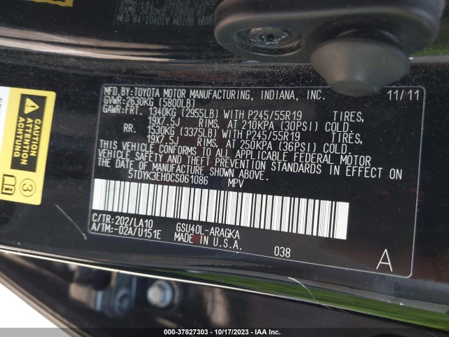 2012 TOYOTA HIGHLANDER LIMITED VIN: 5TDYK3EH0CS061086