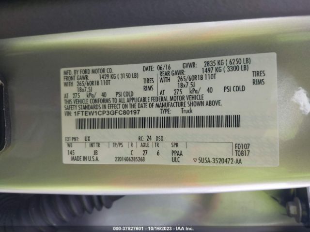 1FTEW1CP3GFC80197 Ford F-150 Xl/lariat/xlt