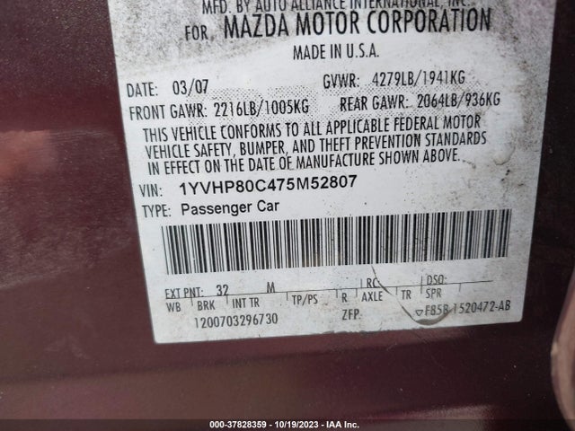2007 MAZDA MAZDA6 I SPORT VE VIN: 1YVHP80C475M52807