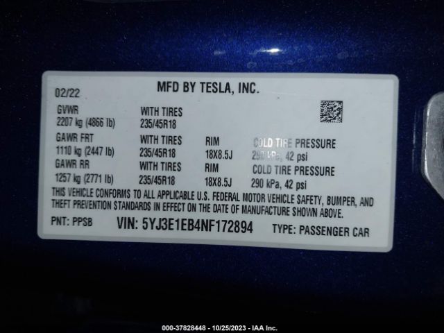 5YJ3E1EB4NF172894 Tesla Model 3 Long Range