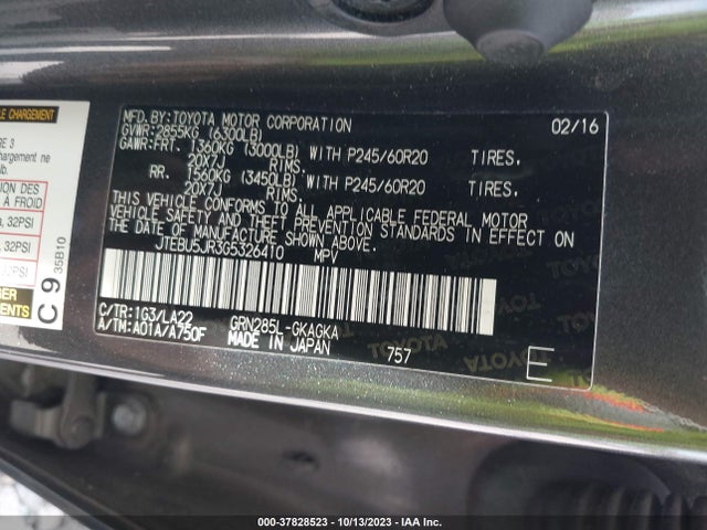 2016 TOYOTA 4RUNNER LIMITED VIN: JTEBU5JR3G5326410