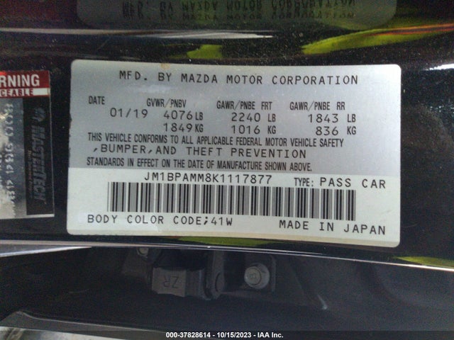 2019 MAZDA MAZDA3 PREFERRED PACKAGE VIN: JM1BPAMM8K1117877