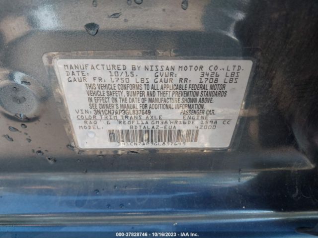 3N1CN7AP3GL837649 Nissan Versa S Plus